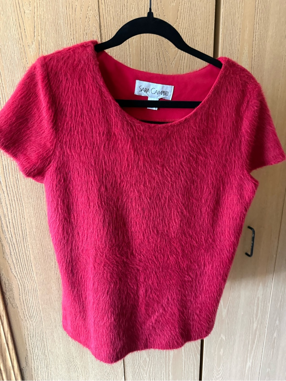 Sara Campbell Women's Short Sleeve Red Fuzzy /Faux Fur Sweater Top